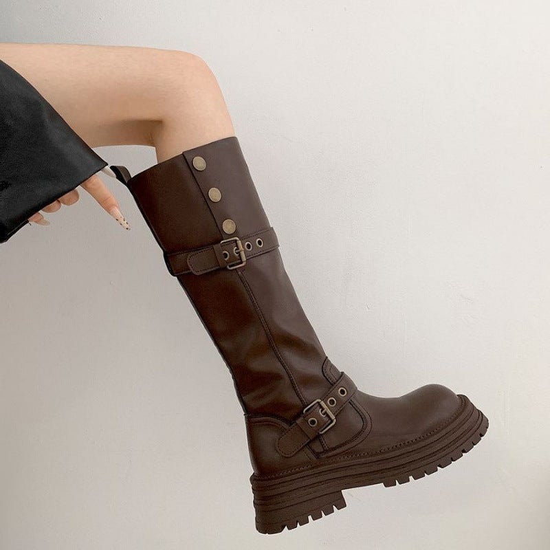 Jin Bukang Brown Retro British Style Thick Heel Thick Bottom Boots Women'S New Knight Boots - Image 2